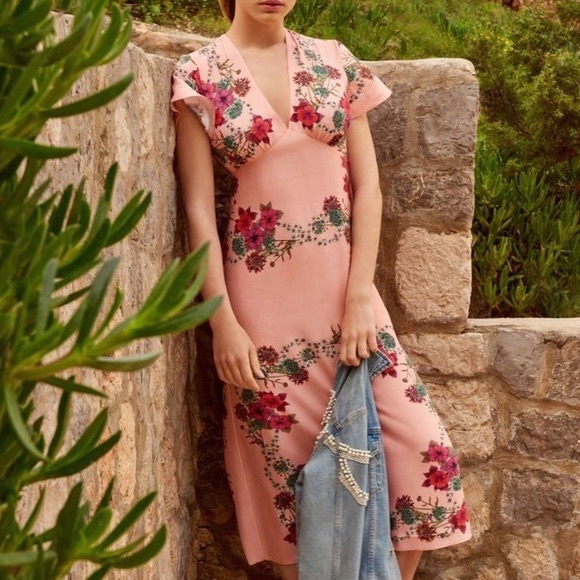 Sandro | Tissia Pink Floral Rose | Viscose | A-Line Prairie Midi Dress | Small - Picture 2 of 11